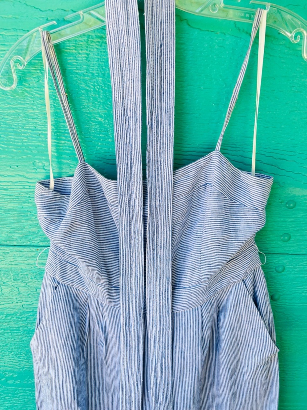 J.Crew Spaghetti Strap Jumpsuit in Blue Striped Beauchamps Linen SIZE 6 - Picture 7 of 10